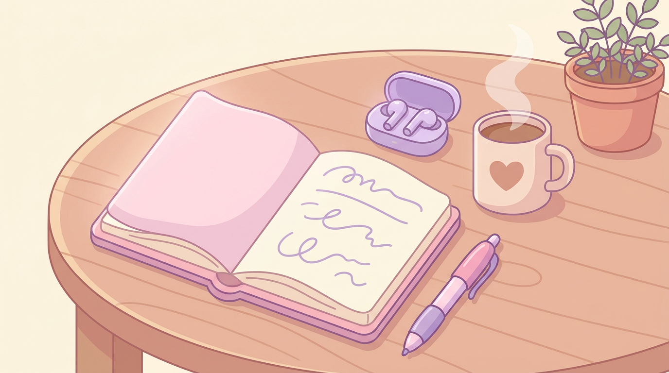 ノートとイヤホンとお茶を置いた学習机のイラスト